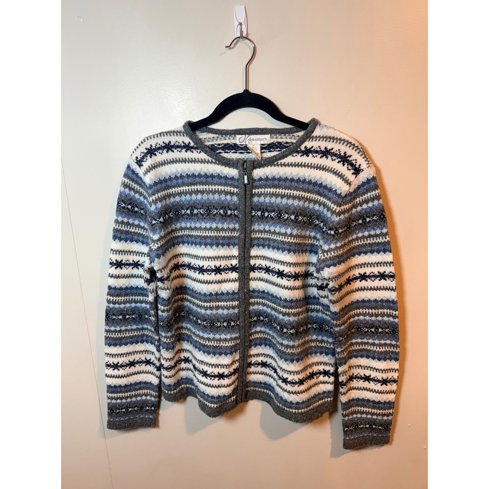 Grey and White Striped Zip-Front Women's Sweater